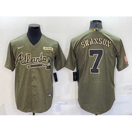 Men's Atlanta Braves #7 Dansby Swanson Green Salute To Service Cool Base Stitched Jersey