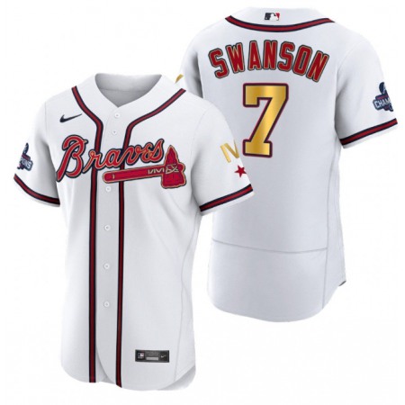 Men's Atlanta Braves #7 Dansby Swanson White Gold World Series Champions Flex Base Stitched Jersey