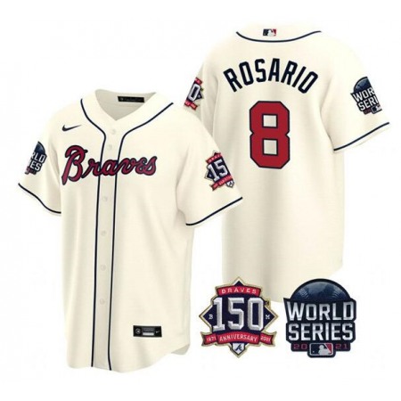 Men's Atlanta Braves #8 Eddie Rosario 2021 Cream World Series With 150th Anniversary Patch Cool Base Stitched Jersey