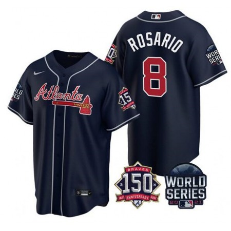 Men's Atlanta Braves #8 Eddie Rosario 2021 Navy World Series With 150th Anniversary Patch Cool Base Stitched Jersey