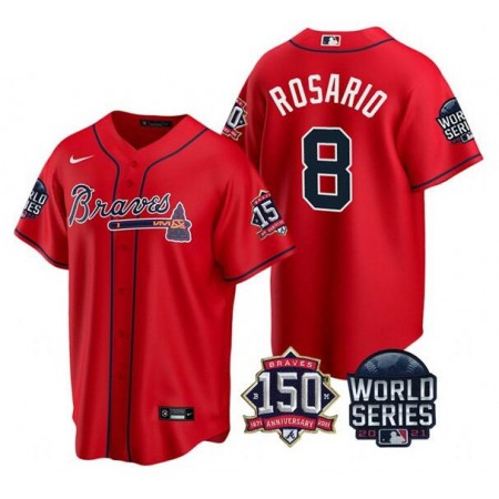 Men's Atlanta Braves #8 Eddie Rosario 2021 Red World Series With 150th Anniversary Patch Cool Base Stitched Jersey