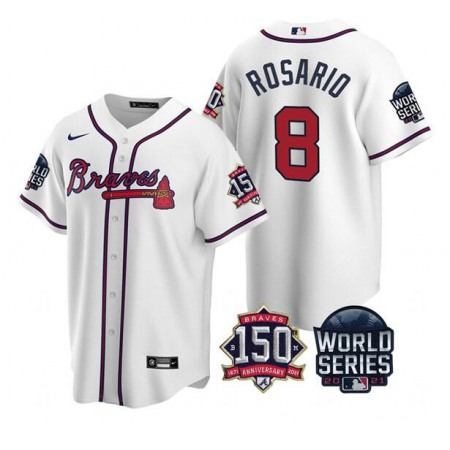 Men's Atlanta Braves #8 Eddie Rosario 2021 White World Series With 150th Anniversary Patch Cool Base Stitched Jersey