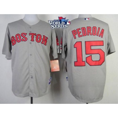 Red Sox #15 Dustin Pedroia Grey Cool Base 2013 World Series Patch Stitched MLB Jersey