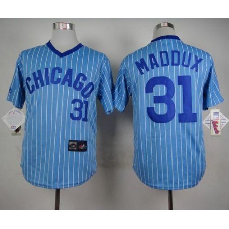Cubs #31 Greg Maddux Blue(White Strip) Cooperstown Throwback Stitched MLB Jersey