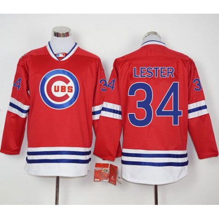 Cubs #34 Jon Lester Red Long Sleeve Stitched MLB Jersey