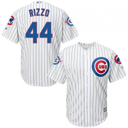 Cubs #44 Anthony Rizzo White Strip New Cool Base with 100 Years at Wrigley Field Commemorative Patch Stitched MLB Jersey