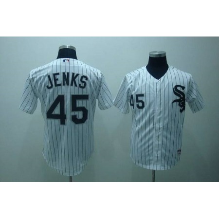 White Sox #45 Bobby Jenks Stitched White Black Strip MLB Jersey