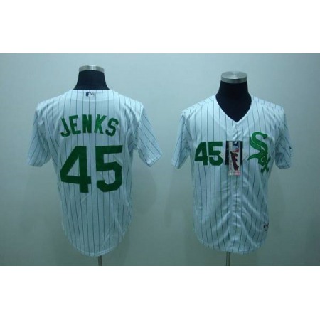 White Sox #45 Bobby Jenks Stitched White Green Strip MLB Jersey