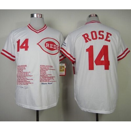 Mitchell And Ness Reds #14 Pete Rose White Commemorative Edition Stitched MLB Jersey