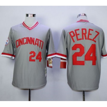 Mitchell and Ness Reds #24 Tony Perez Stitched Grey Throwback MLB Jersey