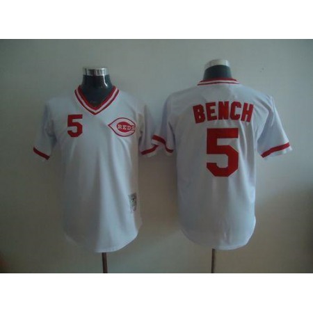 Mitchell and Ness Reds #5 Johnny Bench Stitched White Throwback MLB Jersey