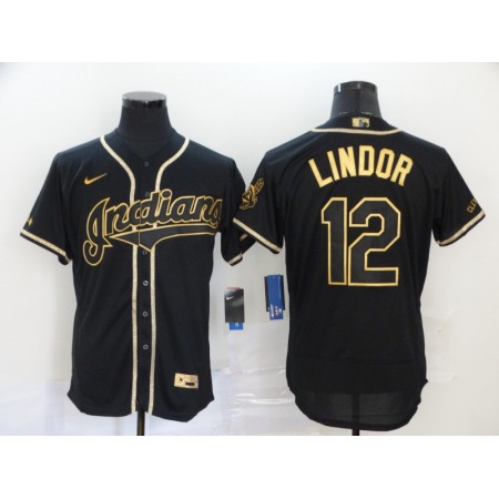 Men's Cleveland indians #12 Francisco Lindor 2020 Black Golden Flex Base Stitched MLB Jersey