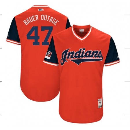 Men's Cleveland indians #47 Trevor Bauer "Bauer Outage" Majestic Red/Navy 2018 Players' Weekend Authentic Stitched MLB Jersey