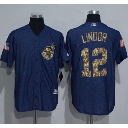 indians #12 Francisco Lindor Denim Blue Salute to Service Stitched MLB Jersey