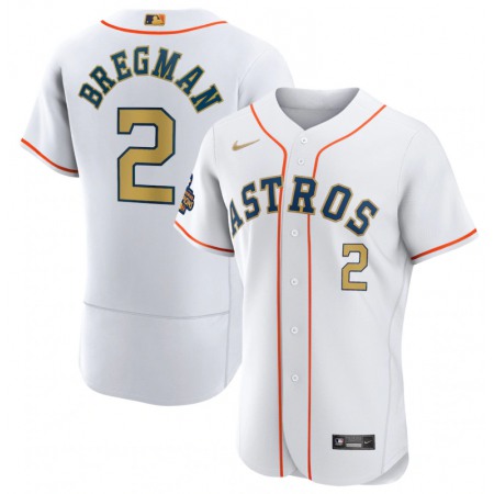 Men's Houston Astros #2 Alex Bregman White 2023 Gold Collection With World Serise Champions Patch Stitched Baseball Jersey