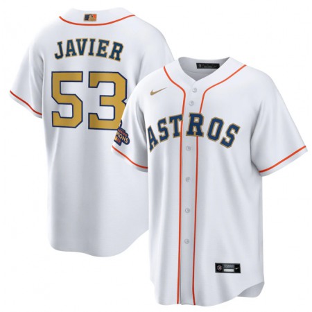 Men's Houston Astros #53 Cristian Javier White 2023 Gold Collection With World Serise Champions Patch Cool Base Stitched Baseball Jersey