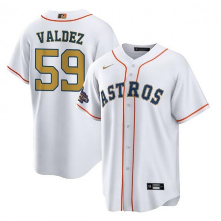 Men's Houston Astros #59 Framber Valdez White/Gold Cool Base Stitched Baseball Jersey