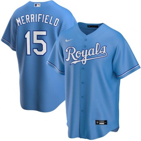 Men's Kansas City Royals #15 Whit Merrifield Blue Cool Base Stitched Jersey