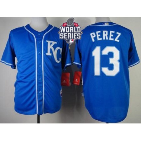 Royals #13 Salvador Perez Blue Alternate 2 Cool Base W/2015 World Series Patch Stitched MLB Jersey