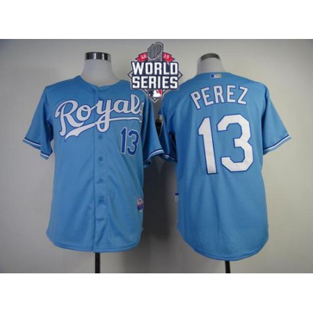 Royals #13 Salvador Perez Light Blue Cool Base W/2015 World Series Patch Stitched MLB Jersey