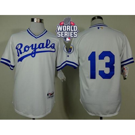 Royals #13 Salvador Perez White 1974 Turn Back The Clock W/2015 World Series Patch Stitched MLB Jersey