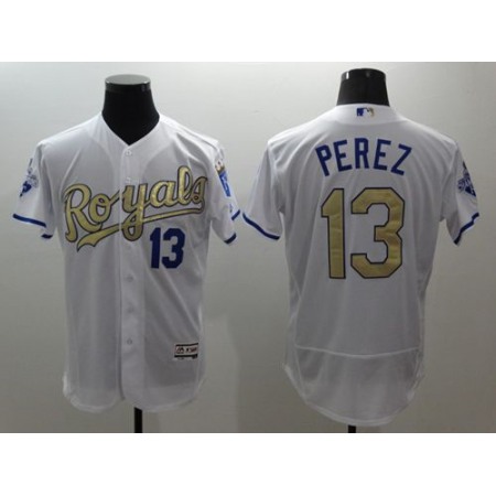 Royals #13 Salvador Perez White 2015 World Series Champions Gold Program FlexBase Authentic Stitched MLB Jersey