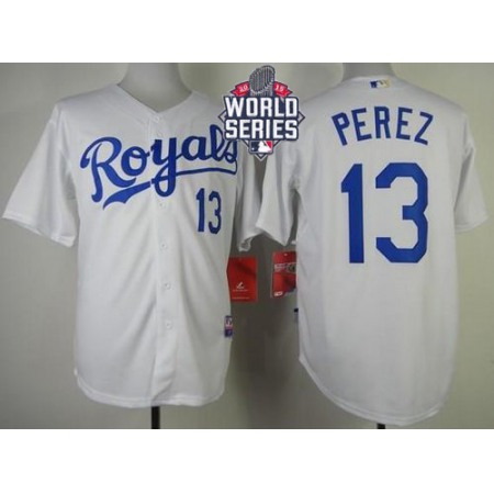 Royals #13 Salvador Perez White Cool Base W/2015 World Series Patch Stitched MLB Jersey