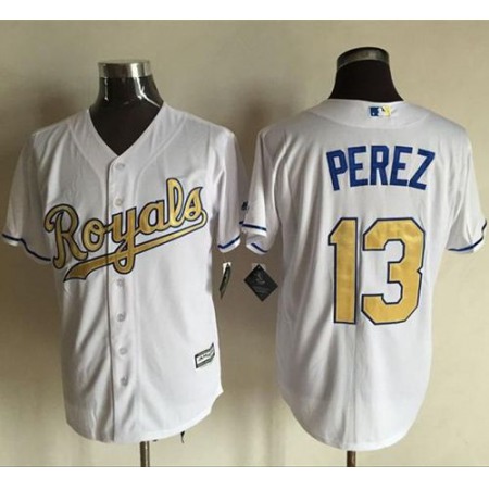 Royals #13 Salvador Perez White New Cool Base 2015 World Series Champions Gold Program Stitched MLB Jersey