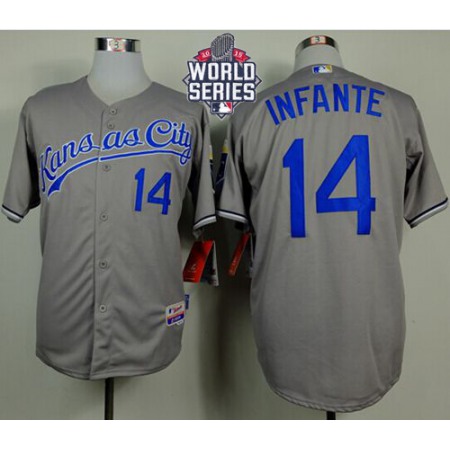 Royals #14 Omar infante Grey Cool Base W/2015 World Series Patch Stitched MLB Jersey