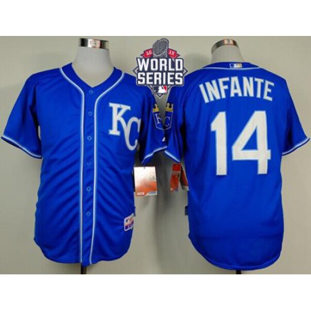 Royals #14 Omar infante Light Blue Alternate 2 Cool Base W/2015 World Series Patch Stitched MLB Jersey