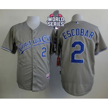 Royals #2 Alcides Escobar Grey Cool Base W/2015 World Series Patch Stitched MLB Jersey