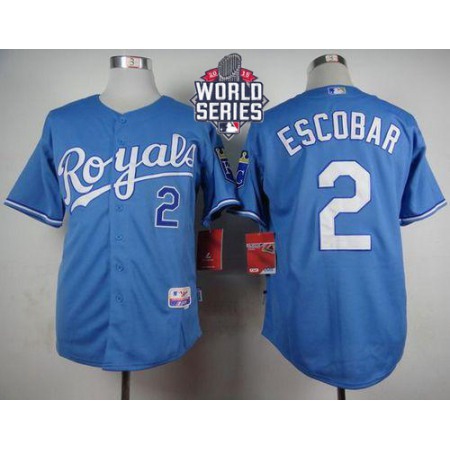 Royals #2 Alcides Escobar Light Blue Alternate 1 Cool Base W/2015 World Series Patch Stitched MLB Jersey