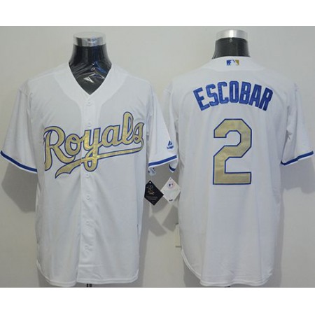 Royals #2 Alcides Escobar White New Cool Base 2015 World Series Champions Gold Program Stitched MLB Jersey