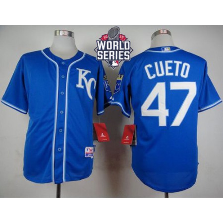 Royals #47 Johnny Cueto Light Blue Alternate 2 Cool Base W/2015 World Series Patch Stitched MLB Jersey