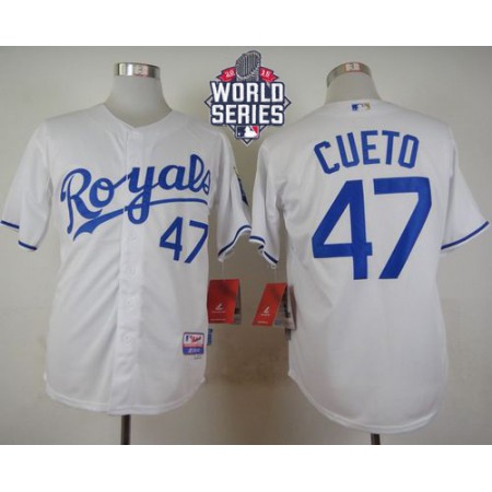 Royals #47 Johnny Cueto White Cool Base W/2015 World Series Patch Stitched MLB Jersey