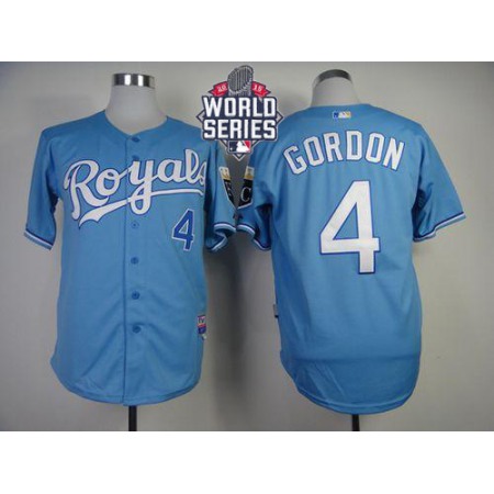 Royals #4 Alex Gordon Light Blue Cool Base W/2015 World Series Patch Stitched MLB Jersey