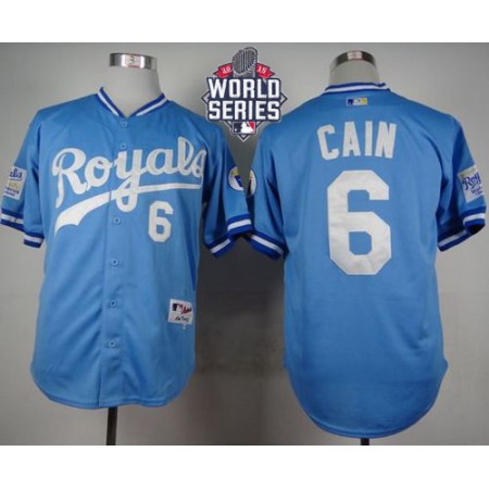 Royals #6 Lorenzo Cain Light Blue 1985 Turn Back The Clock W/2015 World Series Patch Stitched MLB Jersey