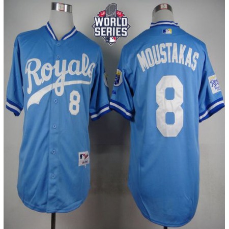 Royals #8 Mike Moustakas Light Blue 1985 Turn Back The Clock W/2015 World Series Patch Stitched MLB Jersey