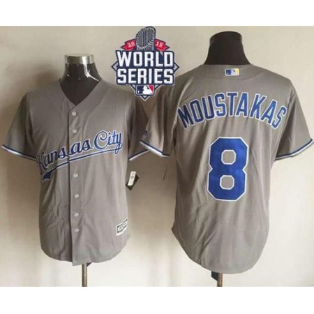 Royals #8 Mike Moustakas New Grey Cool Base W/2015 World Series Patch Stitched MLB Jersey