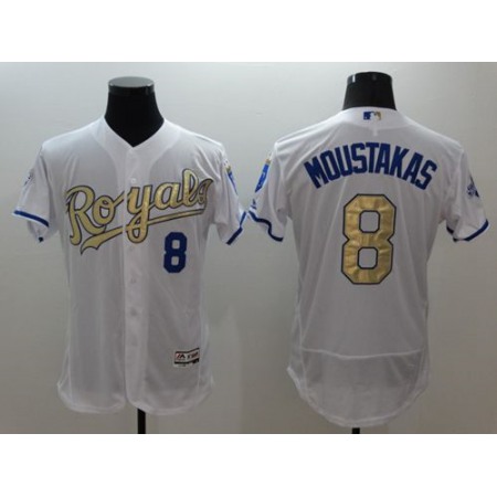 Royals #8 Mike Moustakas White 2015 World Series Champions Gold Program FlexBase Authentic Stitched MLB Jersey
