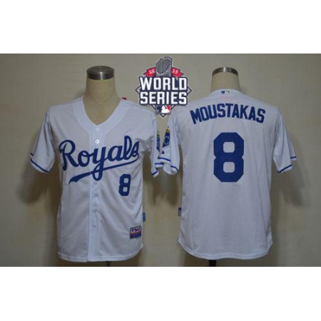 Royals #8 Mike Moustakas White Cool Base W/2015 World Series Patch Stitched MLB Jersey