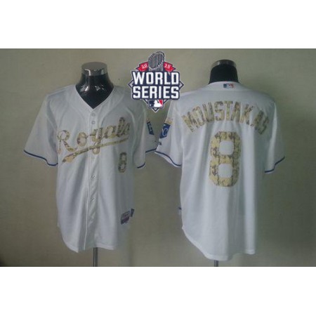 Royals #8 Mike Moustakas White USMC Cool Base W/2015 World Series Patch Stitched MLB Jersey