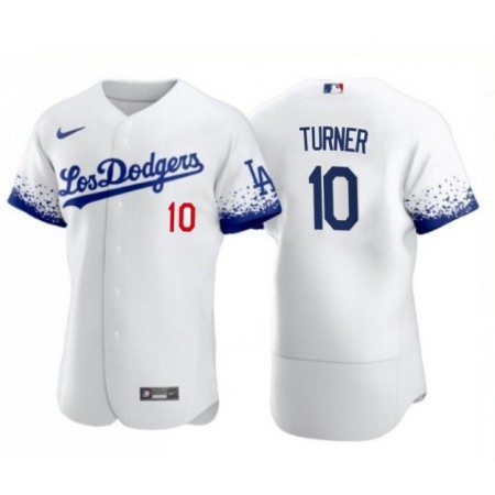 Men's Los Angeles Dodgers #10 Justin Turner 2021 White City Connect Flex Base Stitched Baseball Jersey
