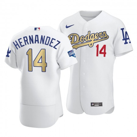 Men's Los Angeles Dodgers #14 Kike Hernandez 2021 White Gold World Series Champions Patch Sttiched Jersey