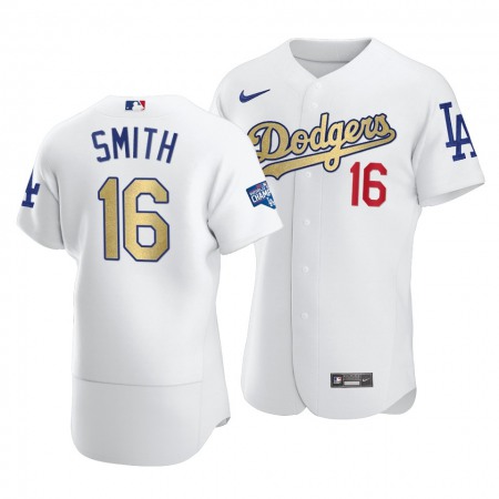 Men's Los Angeles Dodgers #16 Will Smith 2021 White Gold World Series Champions Patch Sttiched Jersey