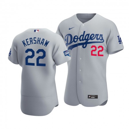 Men's Los Angeles Dodgers #22 Clayton Kershaw 2020 Grey World Series Champions Patch Flex Base Sttiched Jersey