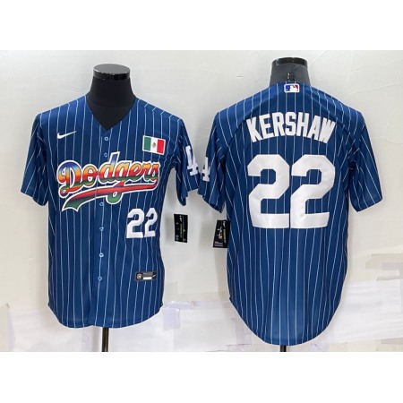 Men's Los Angeles Dodgers #22 Clayton Kershaw Navy Mexico Rainbow Cool Base Stitched Baseball Jersey