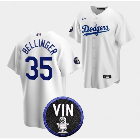 Men's Los Angeles Dodgers #35 Cody Bellinger 2022 White Vin Scully Patch Cool Base Stitched Baseball Jersey