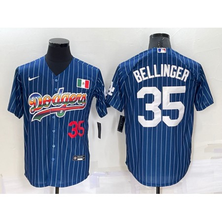 Men's Los Angeles Dodgers #35 Cody Bellinger Navy Mexico Rainbow Cool Base Stitched Baseball Jersey