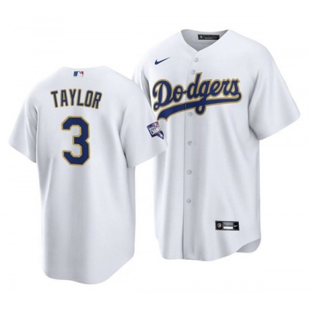 Men's Los Angeles Dodgers #3 Chris Taylor White Gold Championship Cool Base Stitched Baseball Jersey